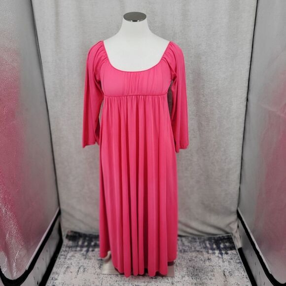 Vintage Nylon Empire Waist Tie Back Nightgown Pink Long Sleeves Women's Plus Sz - Picture 2 of 9